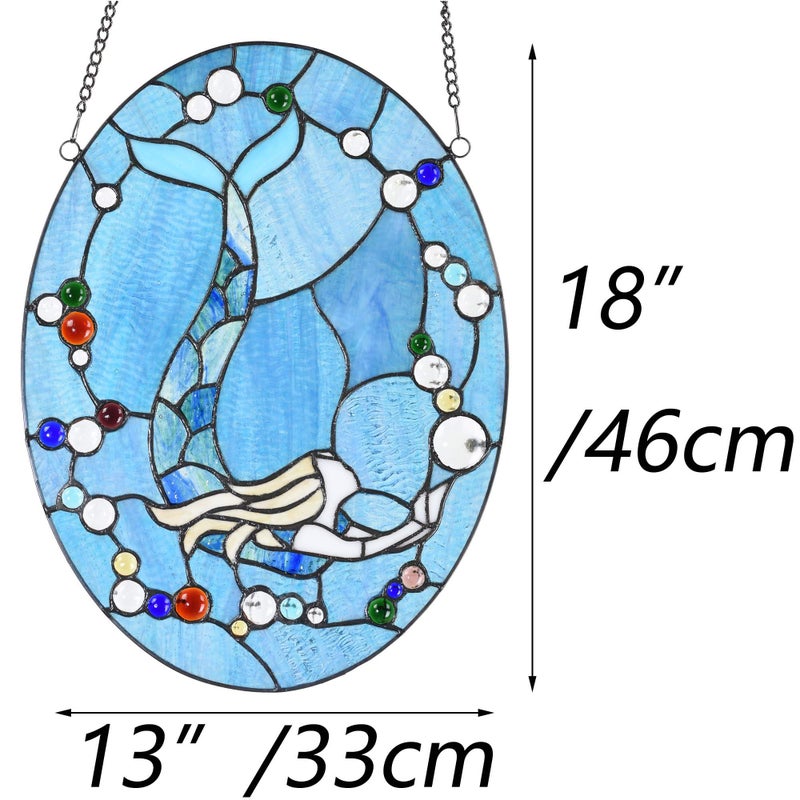 Bieye W10064 Mermaid Tiffany Style Stained Glass Window Panel with Chain, Oval Shape, 13â€W x 18" H - Image 3